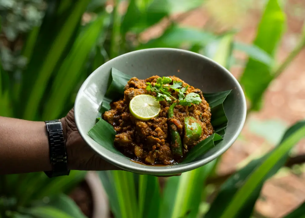 Mushroom Sukke, button mushrooms tossed in a Goan masala