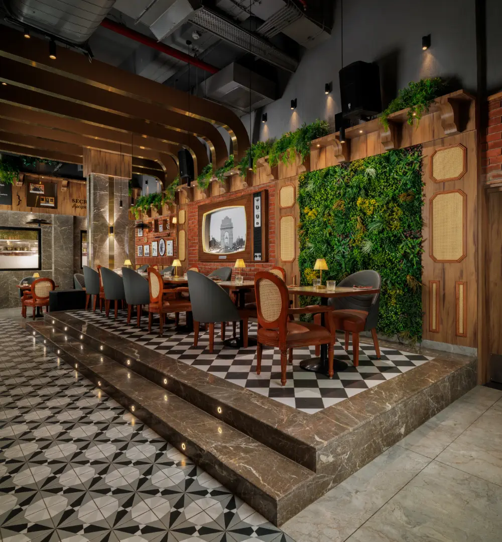 An elevated portion which becomes a stage for a live band