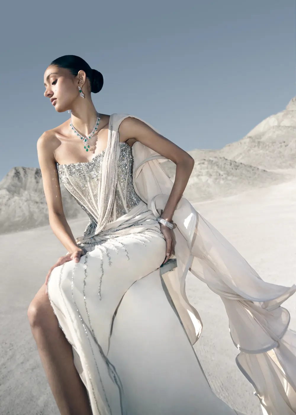 Dhyany in a sage saree gown and corset