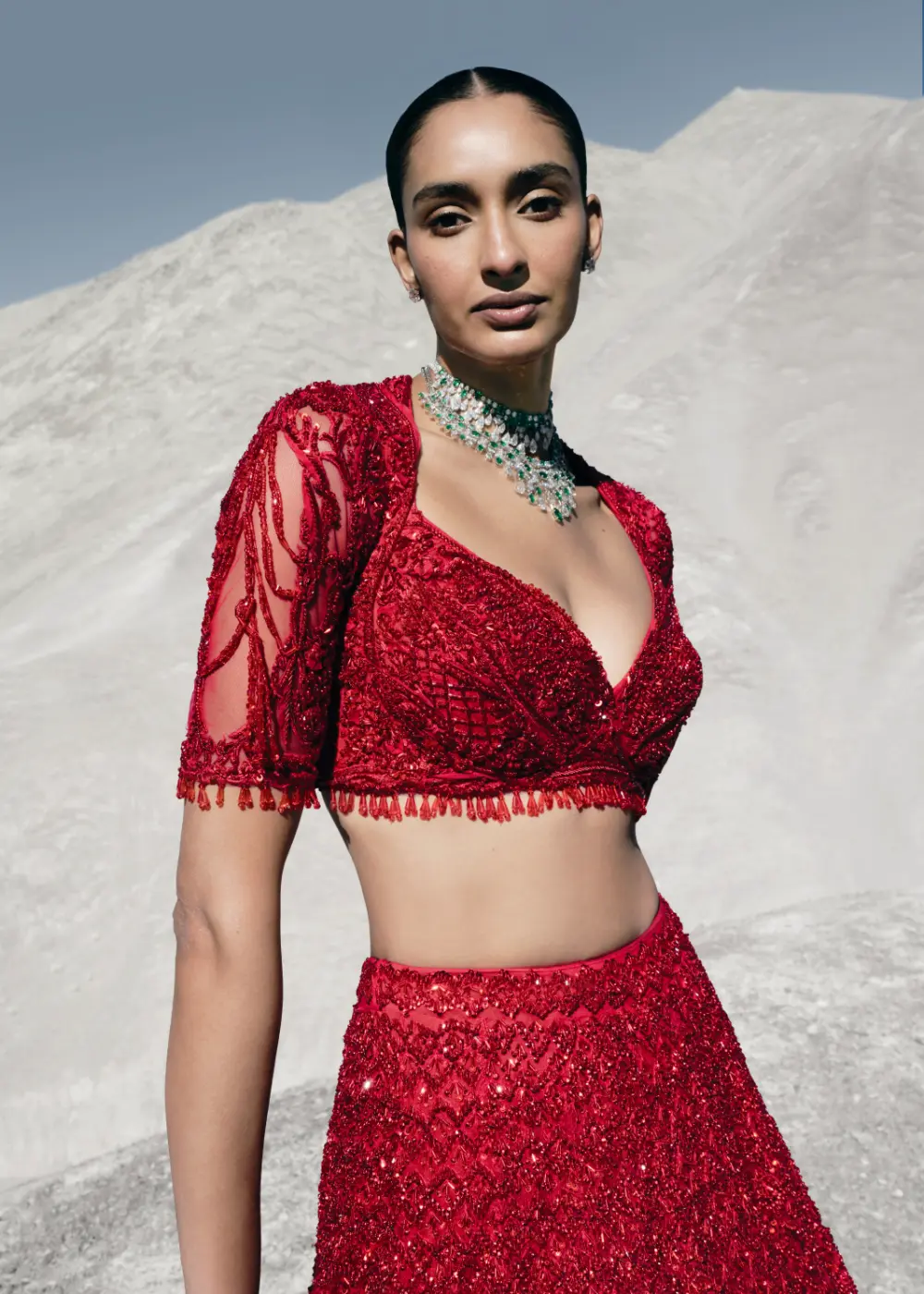 The Art Nouveau lehenga has 60,000 bugle beads, zardozi florals and crystals