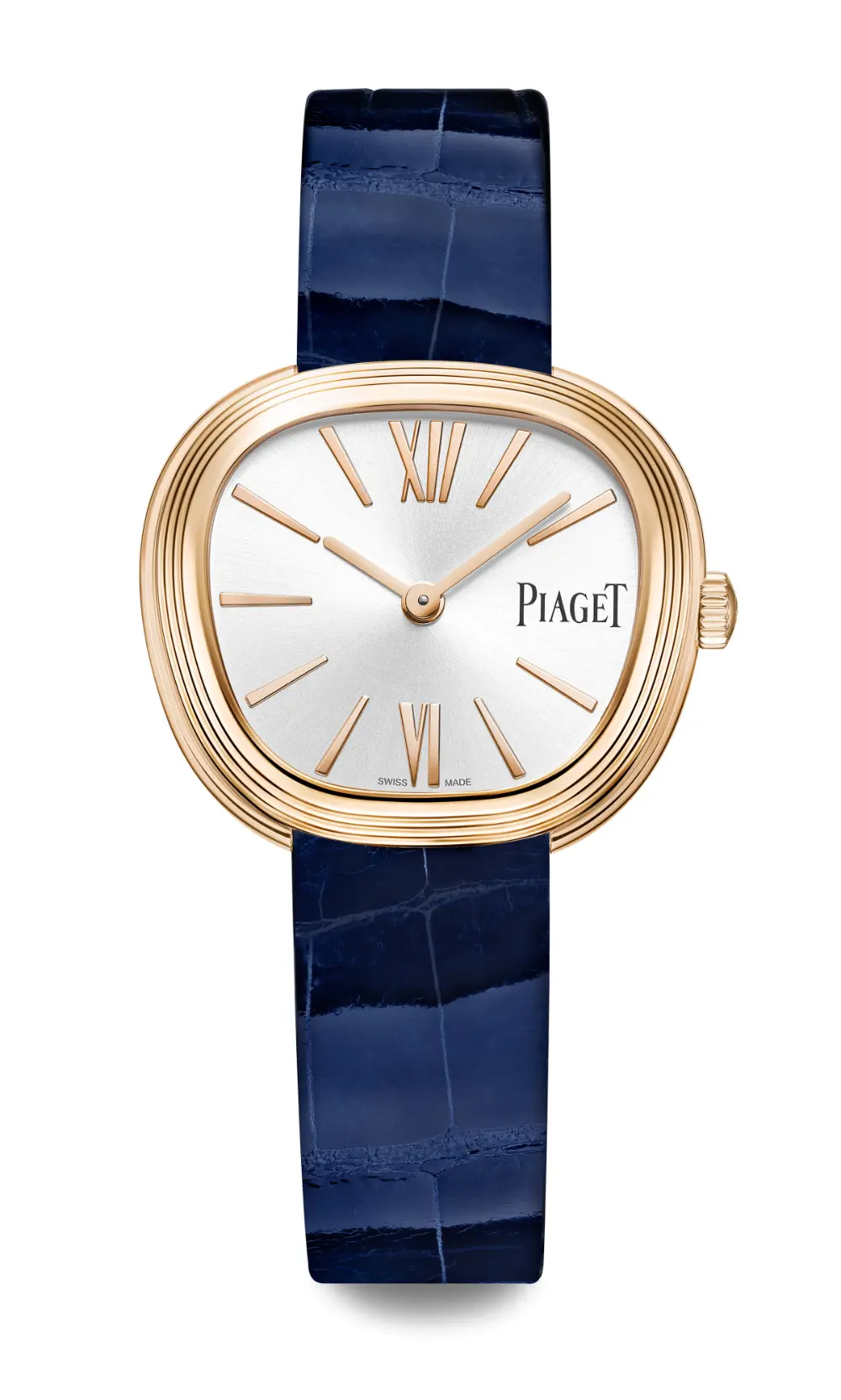 The 29 mm Sixtie in an 18k pink gold case and blue alligator strap, with a silvered satin-brushed dial