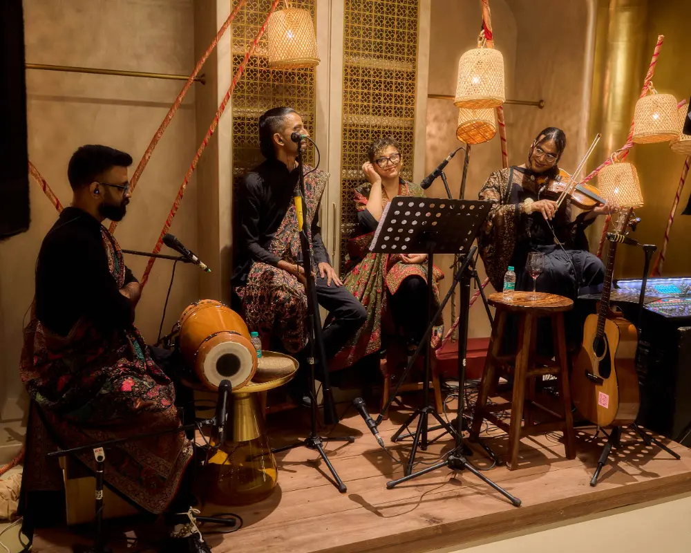 A musical band performs during the launch evening at Ambawatta One