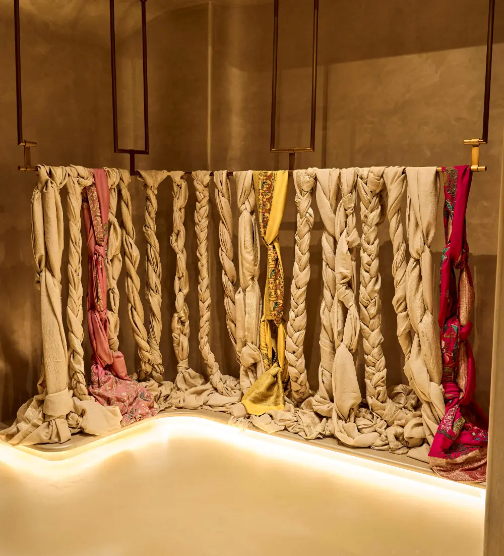 Silk and woven Benarasi fabrics inside the store